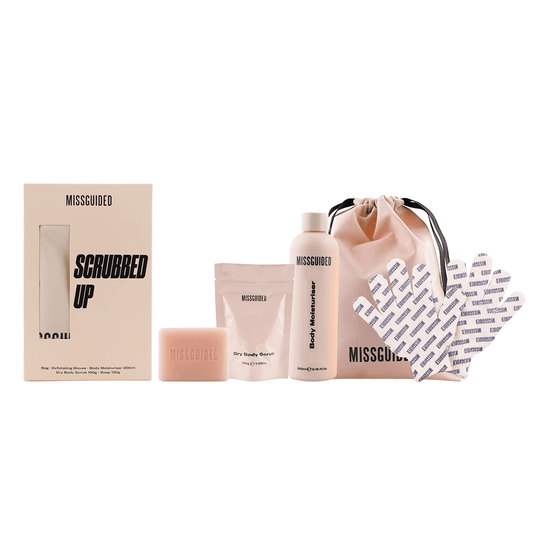 Missguided Women's Perfume Missguided Scrubbed Up Bath & Body Gift Set (Exfoliating Gloves + Body Moisturiser 200ml + Dry Body Scrub 100ml + Soap 120g + Drawstring Bag)