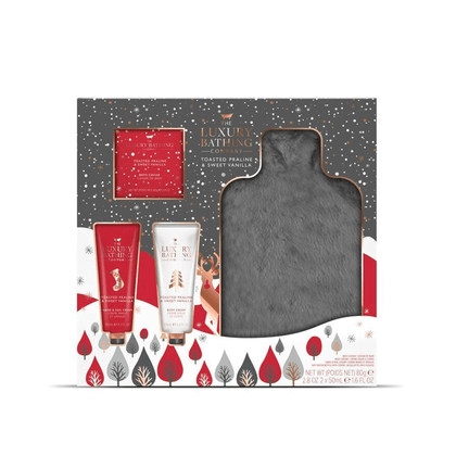 The Luxury Bathing Company Skin Care The Luxury Bathing Company Toasted Praline & Sweet Vanilla Snuggly Gift Set (50ml Hand & Nail Cream + 50ml Body Cream + 80g Bath Caviar + Hot Water Bottle & Furry Cover)