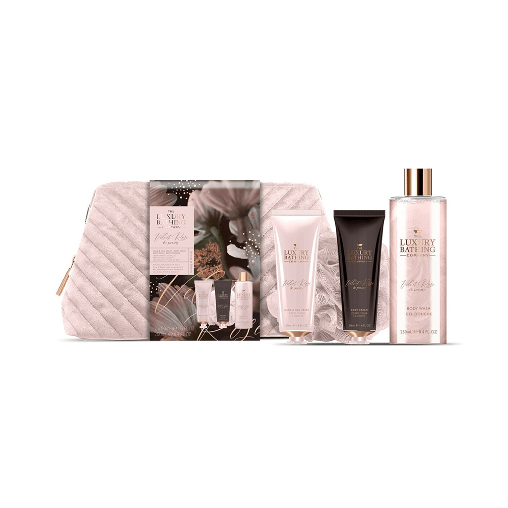 The Luxury Bathing Company Skin Care The Luxury Bathing Company Velvet Rose & Peony Weekend Escape Gift Set (250ml Body Wash + 50ml Body Cream + 50ml Hand & Nail Cream + Body Polisher & Reusable Toiletry Bag)