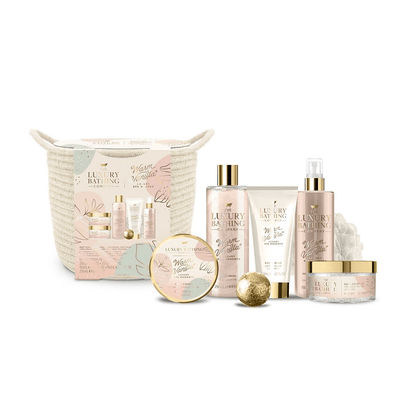 The Luxury Bathing Company Skin Care The Luxury Bathing Company Warm Vanilla Deluxe Hamper Gift Set (250ml Body Wash + 200ml Hair & Body Mist + 150ml Body Cream + 250g Bath Caviar + 200g Bath Salts + 50g Bath Fizzer + Body Polisher & Reusable Deluxe Rope Hamper Basket)