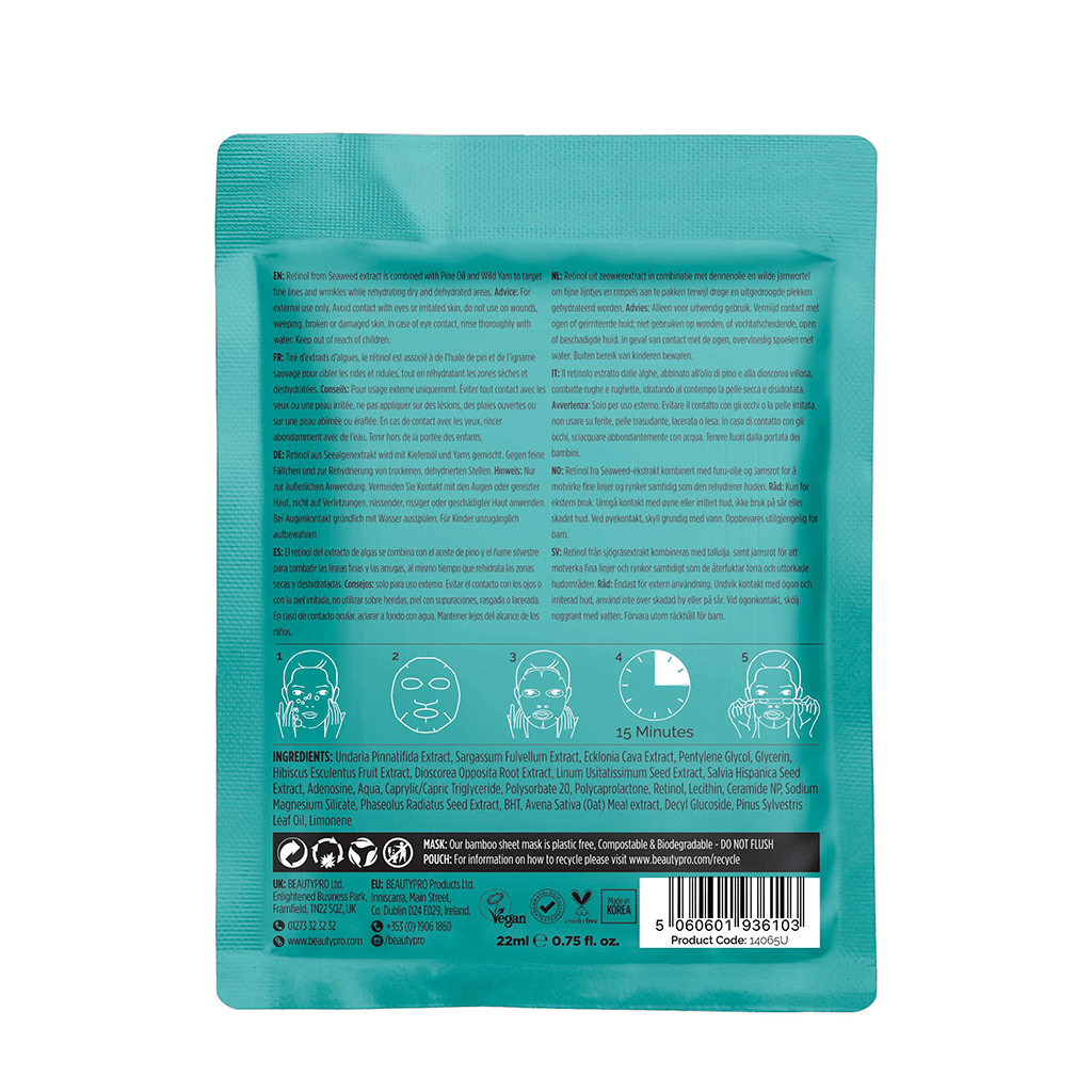 BeautyPro Face Mask BeautyPro Retinol Anti-Aging Sea Kelp, Pine Oil and Wild Yam Facial Sheet Mask (22ml)