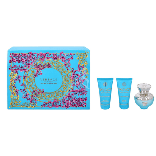 Versace Women's Perfume Versace Dylan Turquoise Pour Femme Eau de Toilette Perfume Gift Set Spray (50ml) with Shower Gel and  Body Gel